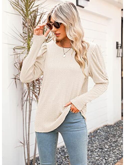 DOROSE Womens Puff Long Sleeve Crewneck Cable Knit Casual Loose Pullover Sweater Tops