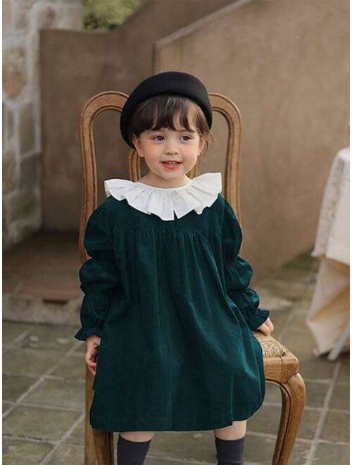 Shein Toddler Girls Contrast Ruffle Trim Gathered Sleeve Cord Dress