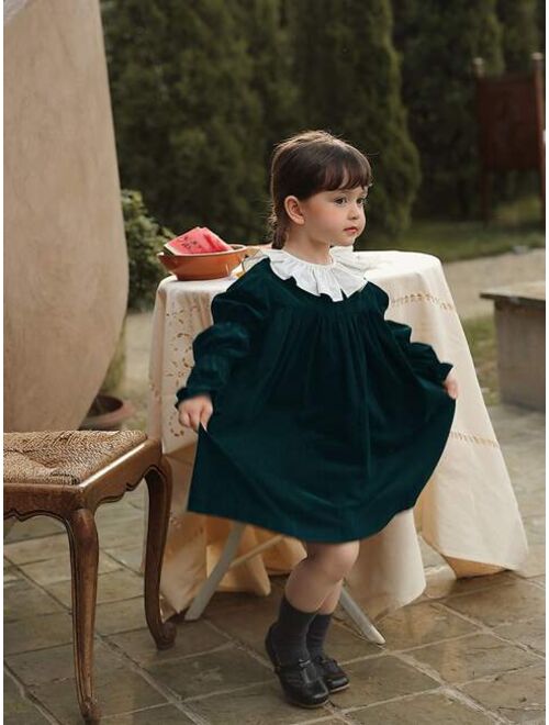 Shein Toddler Girls Contrast Ruffle Trim Gathered Sleeve Cord Dress