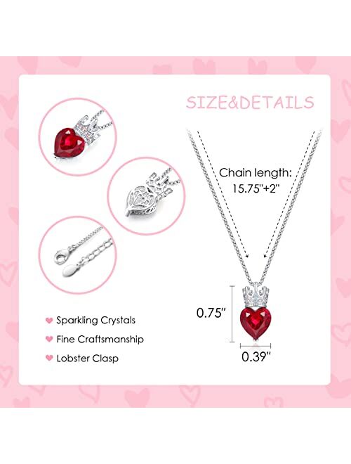 CDE Princess Queen Crown Necklace for Girls Women Love Heart Pendant Necklaces with Birthstone Crystal, Christmas Valentines Day Birthday Party Jewelry Gifts for Daughter