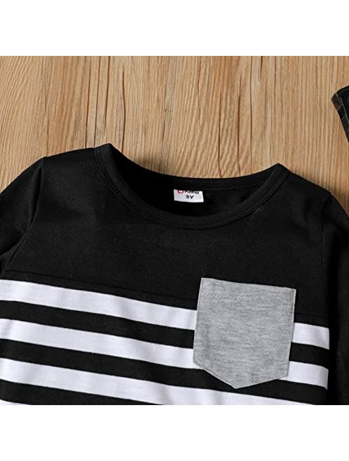 Patpat Toddler Boys Stripe Round Neck Long Sleeve T-Shirts Solid Colour Tops Tees for Boys 18 Months-6 Years