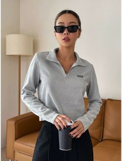 Letter Patched Detail Half Zip Tee