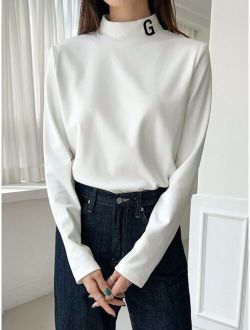 Letter Embroidery Mock Neck Tee