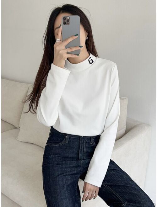 DAZY Letter Embroidery Mock Neck Tee