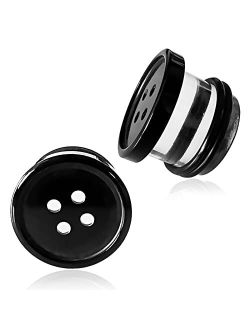AntDear 2Pcs Acrylic Plug Gauges for Ears Women Men Black White Button Plug Earrings, Single Flared Saddle Stretching Gauge Tunnels Expanders, Four Hole Button Piercing P