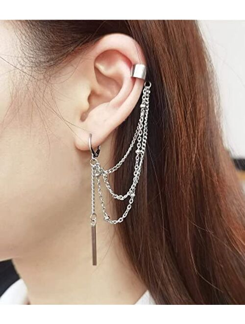 Dtja Vintage Tassel Dangle Ear Cuff Crawler Climber Earring for Women Girls Stainless Steel Cartilage Small Hoop Wrap Vine Clip on Layered Chain Drop Fashion Lightweight 