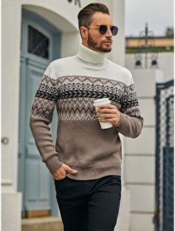 Men Geo & Chevron Pattern Turtle Neck Sweater