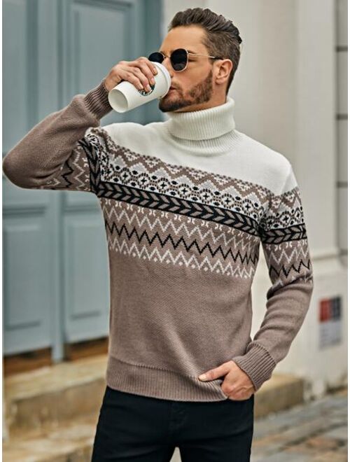 Shein Men Geo & Chevron Pattern Turtle Neck Sweater