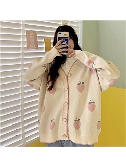 Free Valley Woman Harajuku Cardigan Peach Print Sweater Cute Loose Korean Chic Ins Winter Long Sleeve Casual Knitted