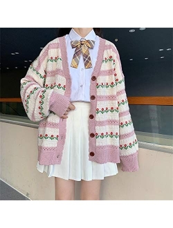 Free Valley Female Harajuku Cardigan Loose Floral Stripe Sweaters Vintage Casual Sweet Students Kawaii Cute Cardigan for Woman