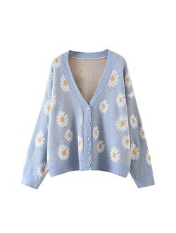 Winioder Women Y2K Floral Print Knit Cardigan Sweater Long Sleeve V Neck Button Down Sweater Vintage Aesthetic 90s Outerwear Tops