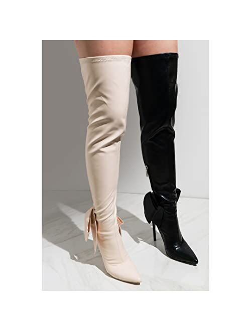 Cape Robbin Bonus Over The Knee Boots with Bow, Stiletto Pointy Toe Thigh High Fashion Dress Boots for Women