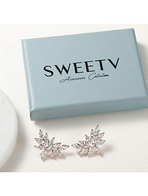 SWEETV Bridal Wedding Earrings for Brides Bridesmaid, Marquise Cubic Zirconia Rhinestone Cluster Earrings for Women, Prom