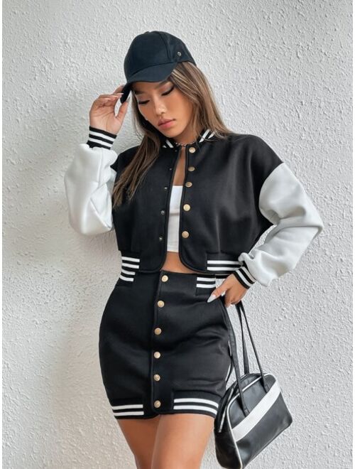 Shein Striped Trim Jacket & Bodycon Skirt