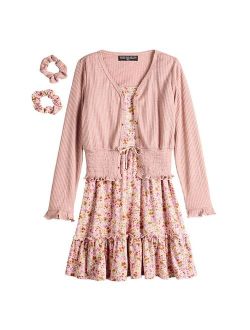 Girls 7-16 Three Pink Hearts Cardigan & Dress Set with Scrunchies