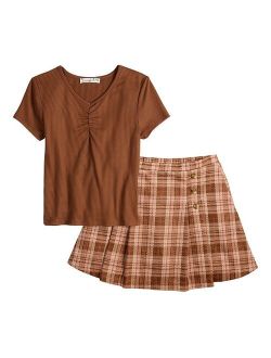 Girls 7-16 Knit Works Top & Plaid Scooter Skirt Set