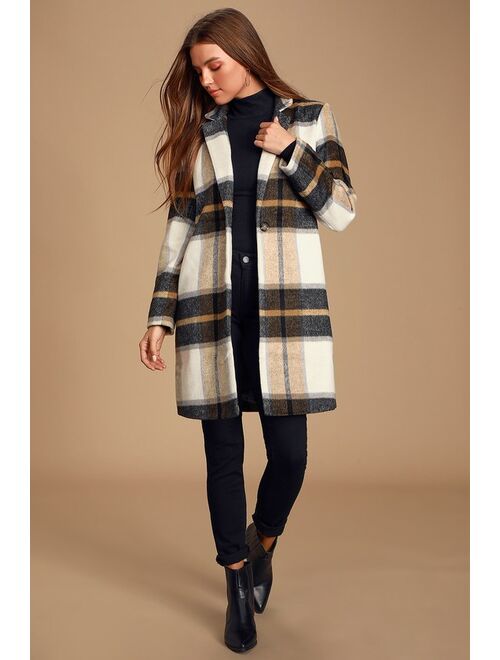 Steve Madden Cher Ivory Plaid Brushed Wool Coat