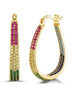 925 Sterling Silver Post Hoop Earrings for Women Gilrs Multcolors Cubic Zirconia 14K Gold Plated Oval Chunky Silver Gold Hoop Earrings weinuo Jewelry