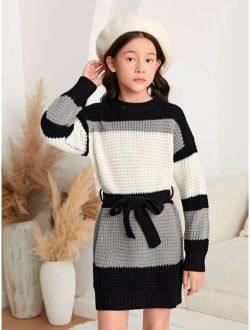 Girls Color Block Drop Shoulder Belted Sweater Dress