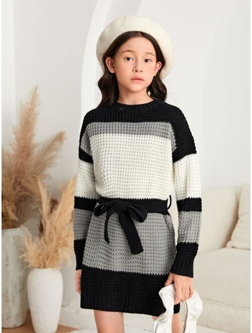 Shein Girls Color Block Drop Shoulder Belted Sweater Dress