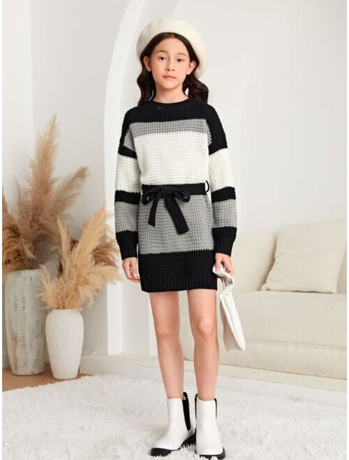 Shein Girls Color Block Drop Shoulder Belted Sweater Dress