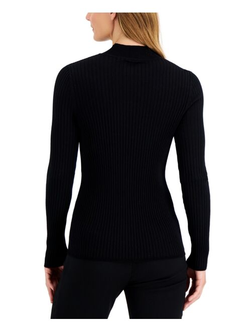 ANNE KLEIN Women's Ribbed-Knit Mock Neck Cutout Sweater
