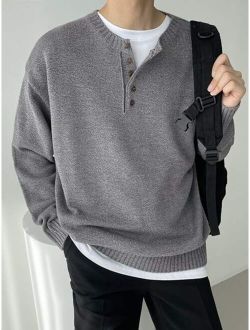 Men Button Front Drop Shoulder Sweater