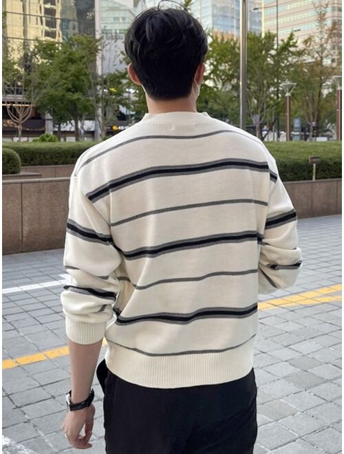 DAZY Men Striped Pattern Button Half Placket Sweater