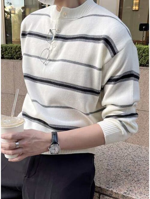 DAZY Men Striped Pattern Button Half Placket Sweater