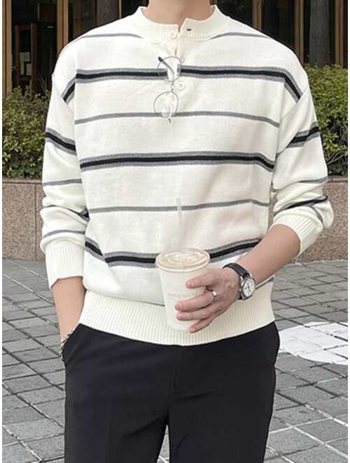 DAZY Men Striped Pattern Button Half Placket Sweater