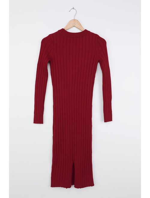 Lulus The Best Yet Burgundy Ribbed Bodycon Sweater Dress