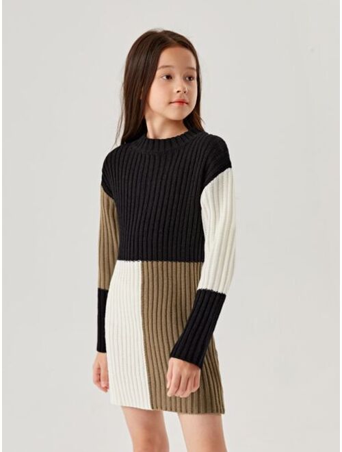 Shein Girls Colorblock Drop Shoulder Sweater Dress