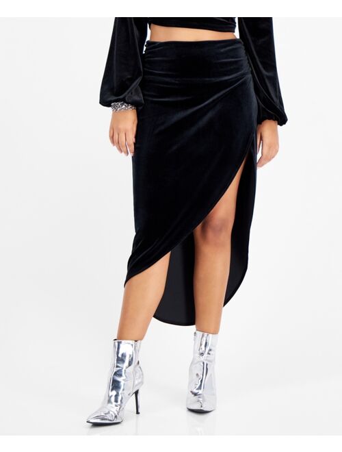 BAR III Women's Ruched Slit-Front Velvet Midi Skirt, Created for Macy's
