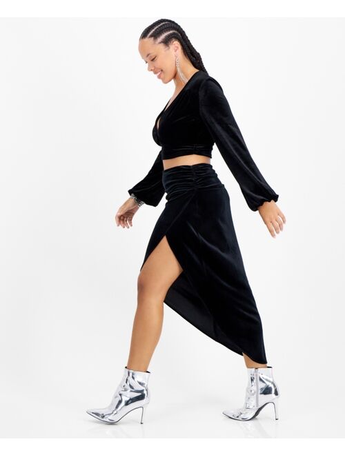 BAR III Women's Ruched Slit-Front Velvet Midi Skirt, Created for Macy's
