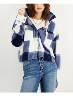 JUST POLLY Juniors' Plaid Chest-Pocket Shacket