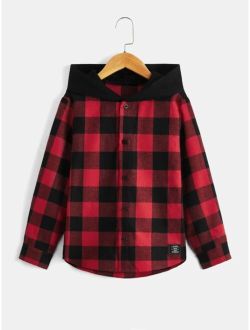 Boys Buffalo Plaid Letter Patched Hooded Shirt
