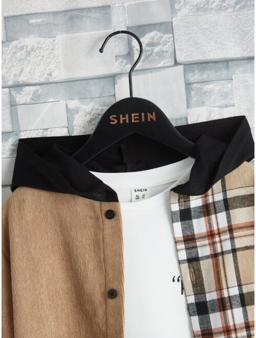 SHEIN Boys Contrast Plaid Print Hooded Shirt