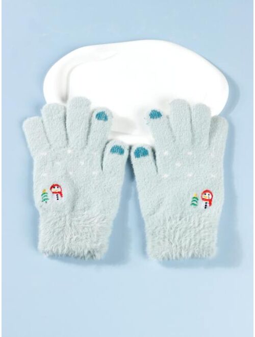 Shein Kids Christmas Tree & Snowman Embroidered Fuzzy Gloves