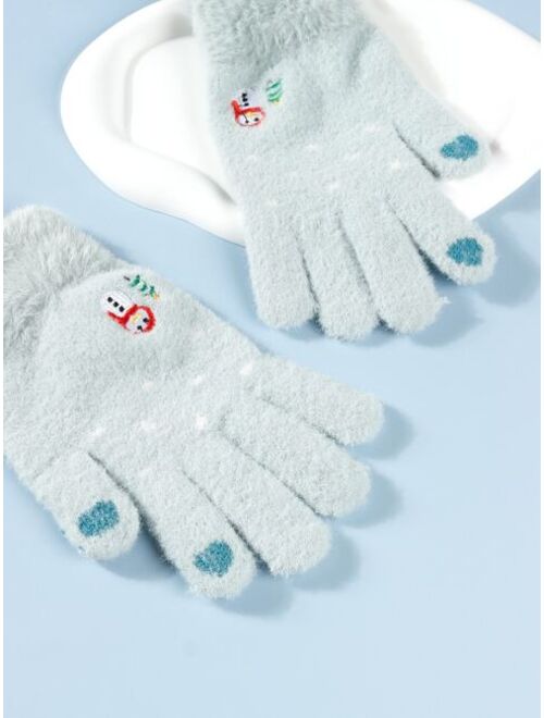 Shein Kids Christmas Tree & Snowman Embroidered Fuzzy Gloves