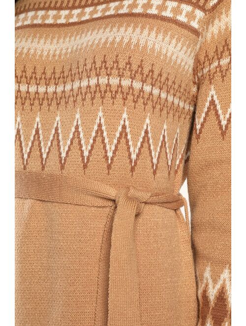 Lulus Chilly Forecast Tan Multi Knit Turtleneck Sweater Midi Dress