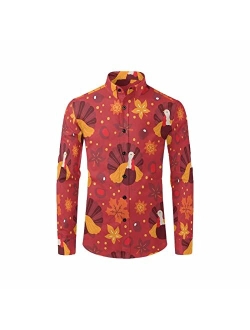InterestPrint Thanksgiving Pumpkins with Fruits Men's Free Long Sleeve Button Down Shirt Regular-Fit Hawaiian Shirt