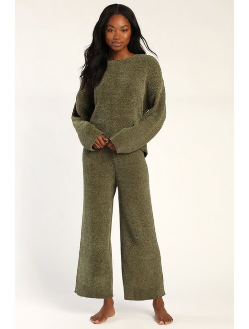 Lulus Comfy Cutie Olive Green Chenille Sweater Pants
