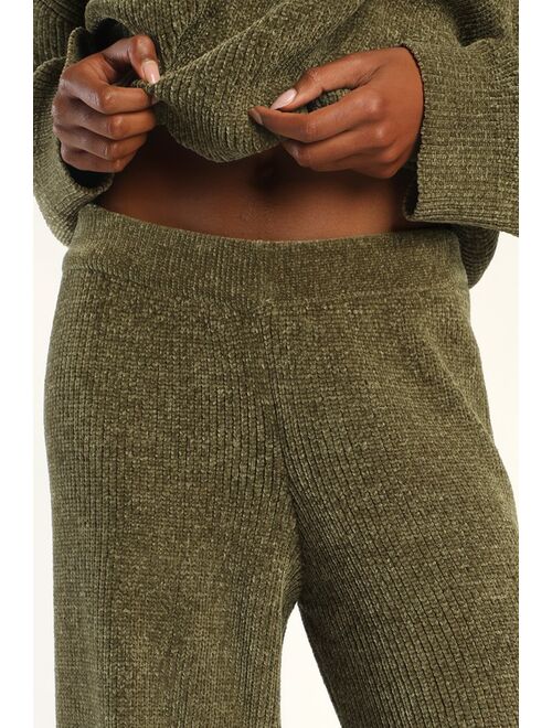Lulus Comfy Cutie Olive Green Chenille Sweater Pants