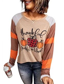 Kneyatta Thankful Grateful Blessed Print T Shirt Women Thanksgiving Pumpkin Long Sleeve Blouse Leopard Printed Striped Fall Tee Tops