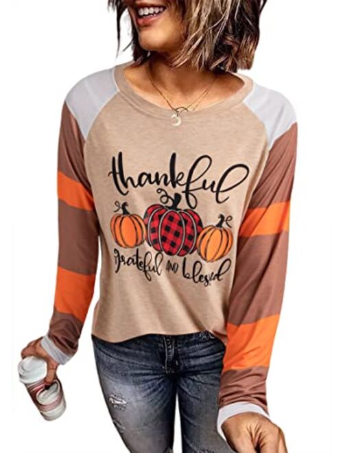 Kneyatta Thankful Grateful Blessed Print T Shirt Women Thanksgiving Pumpkin Long Sleeve Blouse Leopard Printed Striped Fall Tee Tops