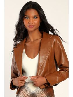 Fashionable Flirt Cognac Vegan Leather Cropped Blazer
