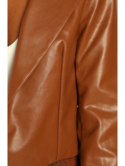 Lulus Fashionable Flirt Cognac Vegan Leather Cropped Blazer