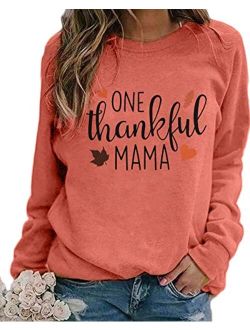 BANGELY One Thankful Mama Sweatshirt Women Thanksgiving Casual Long Sleeve Top Tees Mom Gift Shirts