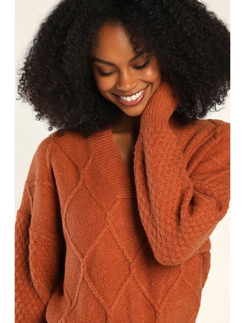 Lulus Fireside Vibe Rust Orange Diamond Knit Sweater