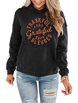 KIDDAD Thanksgiving Hoodies Sweatshirt Women Grateful Thankful Blessed Graphic Drawstring Pullover Blouse with Pocket